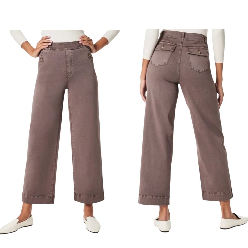 Spanx Stretch Twill Cropped Wide Leg Pants Smoke Gray Petite Large 20312Q NWT - Picture 2 of 13